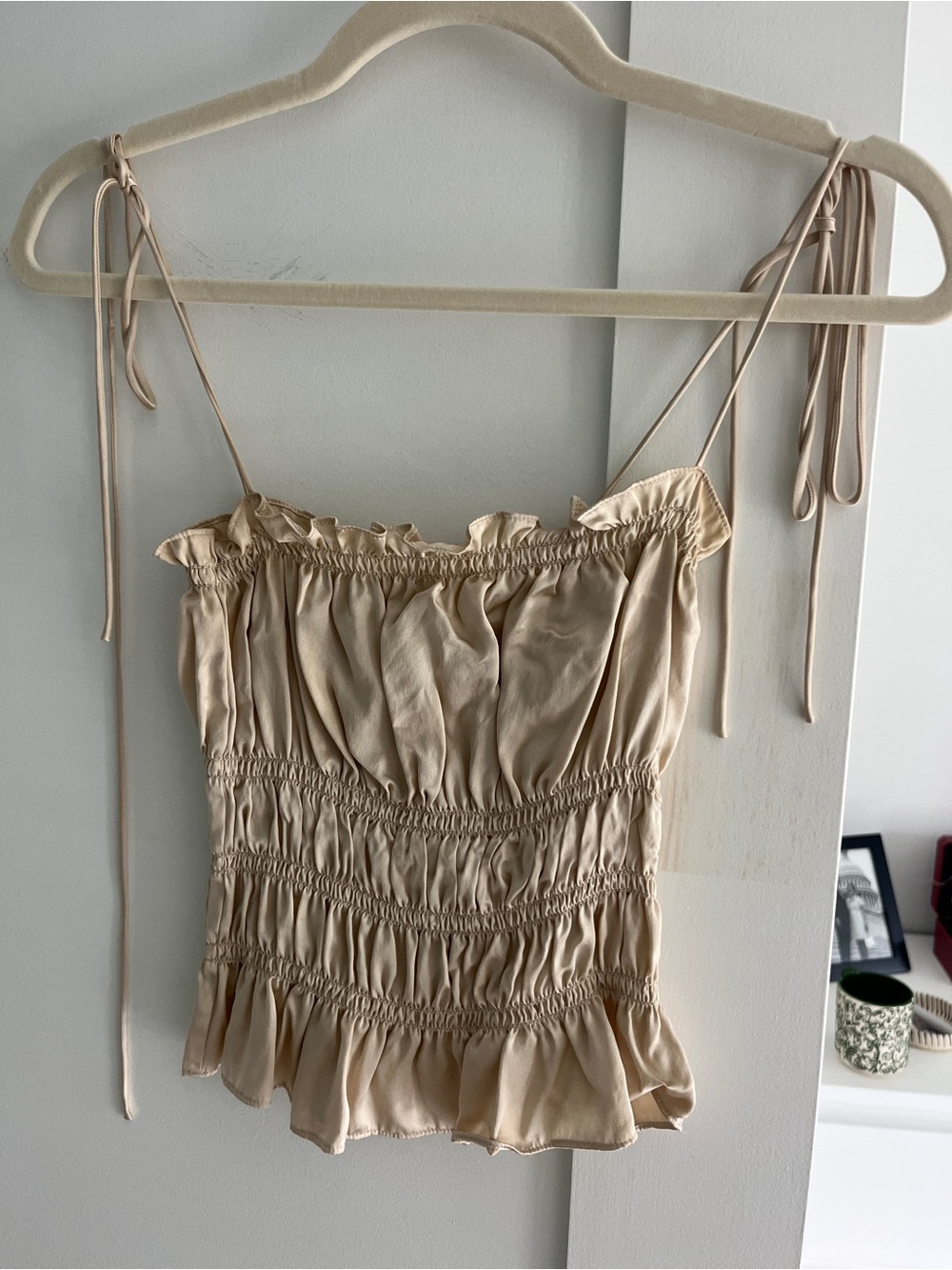 Reformation Cream Smocked Ruffle Tie-Strap Camisole